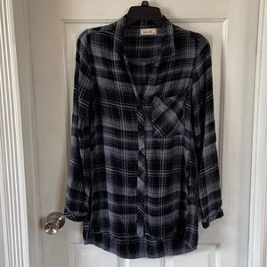 Bella Dahl Flannel Top Button Up Black Plaid Sz XS
